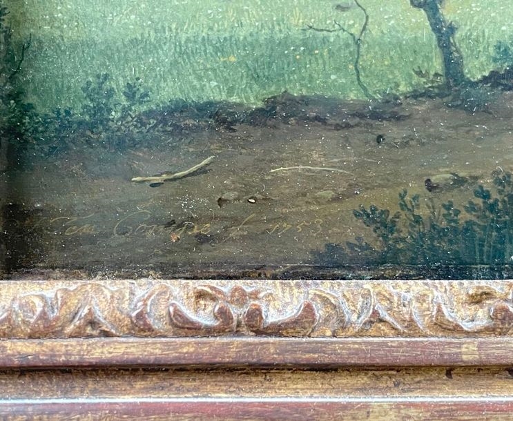 Artwork by Jan ten Compe, Walkers on a canal in Holland Softwood panel, Made of panel