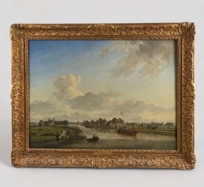 Artwork by Jan ten Compe, Walkers on a canal in Holland Softwood panel, Made of panel