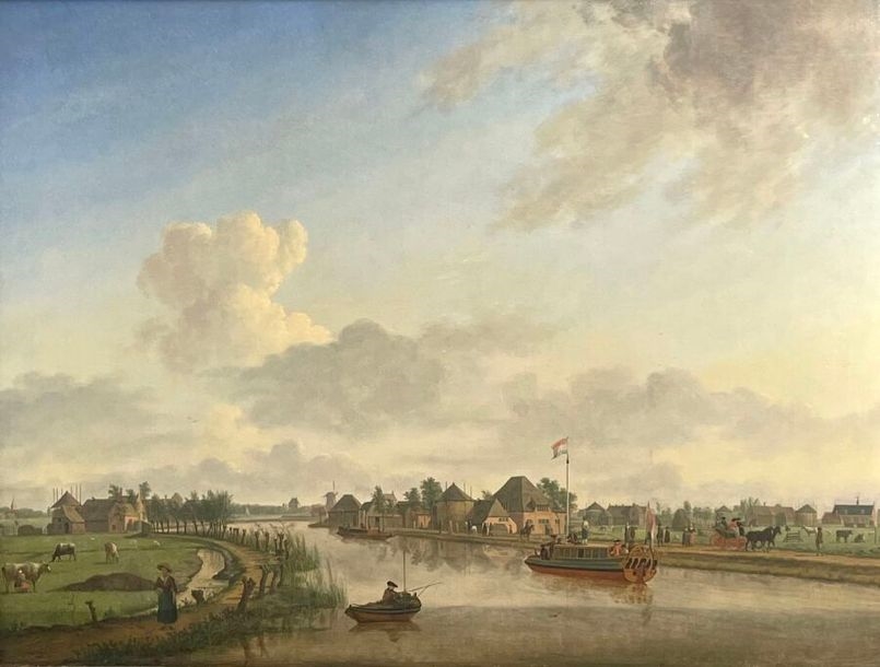 Artwork by Jan ten Compe, Walkers on a canal in Holland Softwood panel, Made of panel