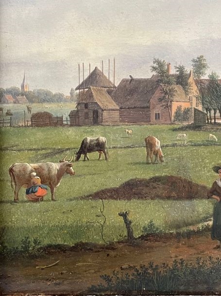 Artwork by Jan ten Compe, Walkers on a canal in Holland Softwood panel, Made of panel