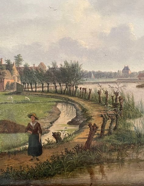 Artwork by Jan ten Compe, Walkers on a canal in Holland Softwood panel, Made of panel
