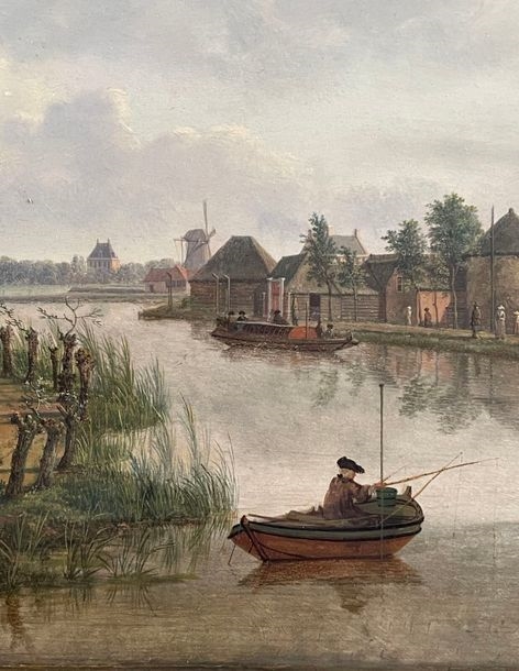 Artwork by Jan ten Compe, Walkers on a canal in Holland Softwood panel, Made of panel