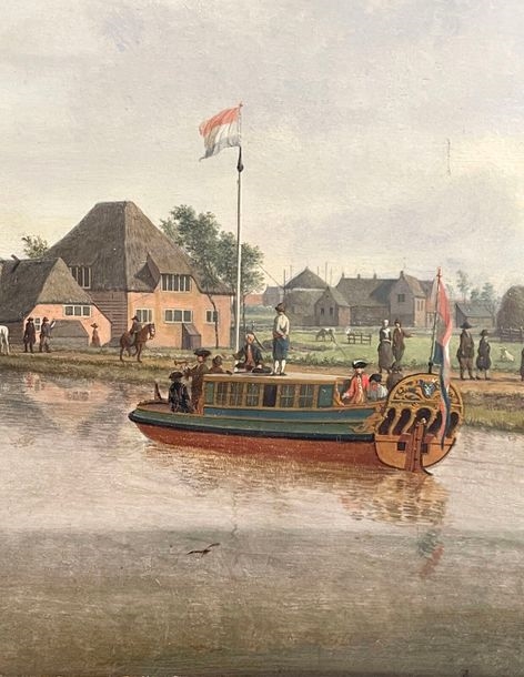 Artwork by Jan ten Compe, Walkers on a canal in Holland Softwood panel, Made of panel