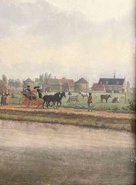 Artwork by Jan ten Compe, Walkers on a canal in Holland Softwood panel, Made of panel