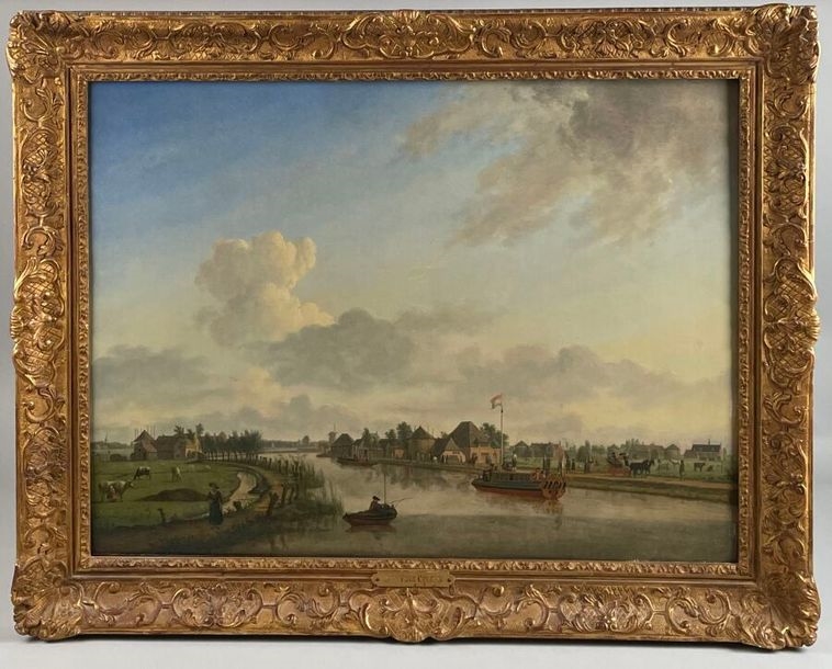 Artwork by Jan ten Compe, Walkers on a canal in Holland Softwood panel, Made of panel