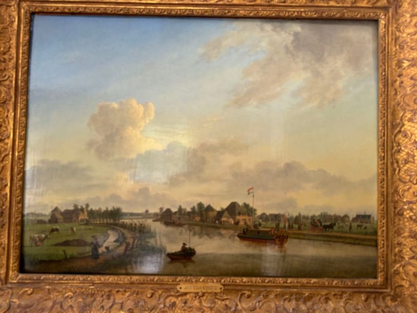 Artwork by Jan ten Compe, Walkers on a canal in Holland Softwood panel, Made of panel