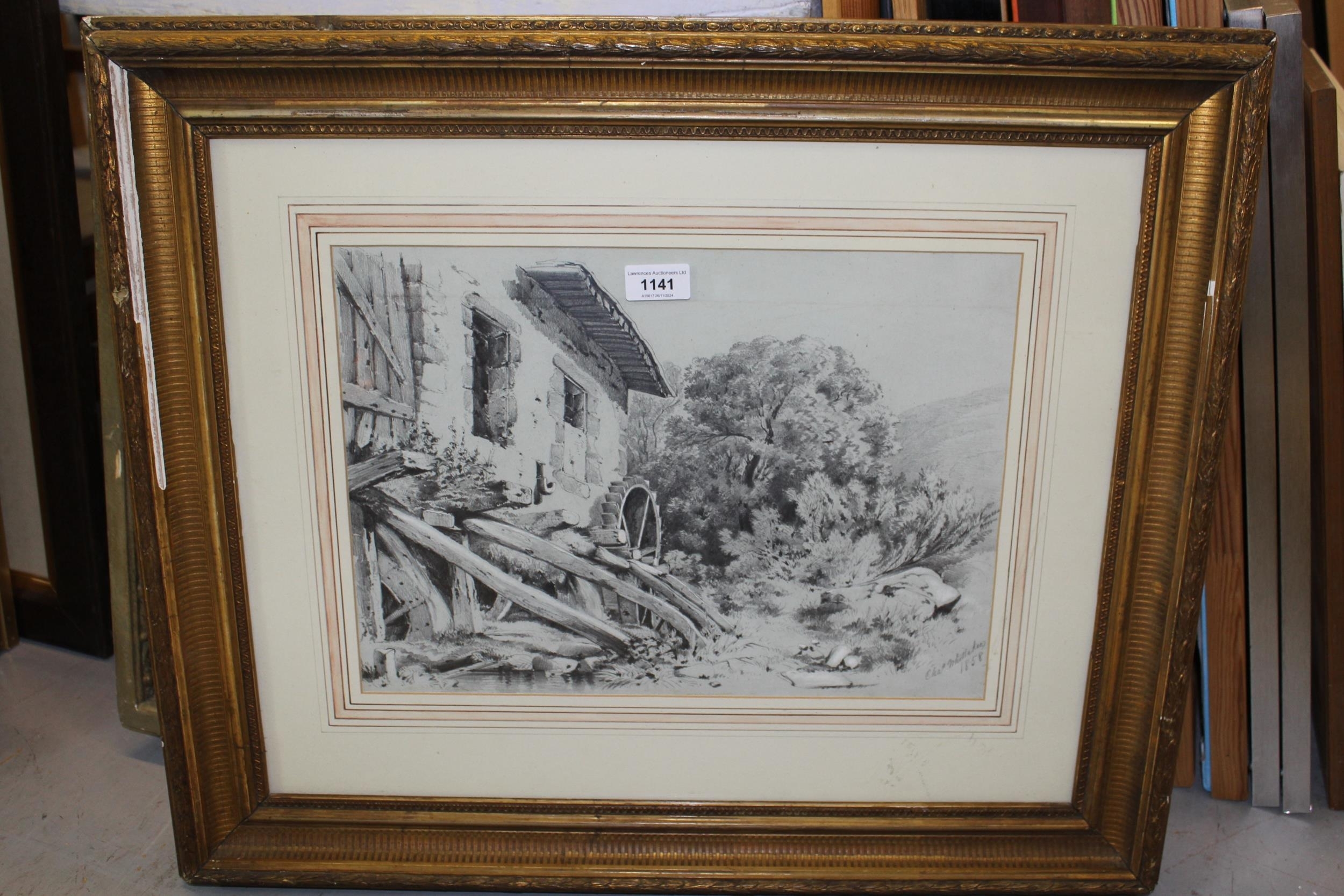 Artwork by Charles Whitaker, Study of an old watermill, Made of pencil drawing