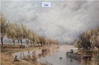 River scene with angler, figures and barge - T. J. Soper