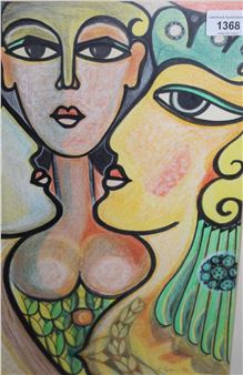 Study of three female heads; together with another similar study and a  scaup - A. Gwen