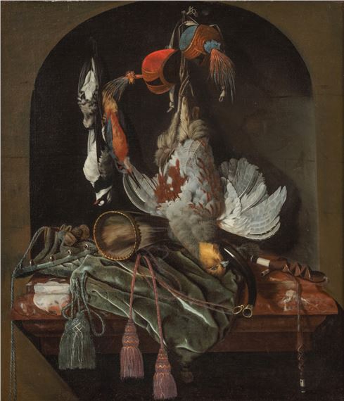 Still life of game with a partridge, falcon hoods, a kingfisher and songbirds, with a horn and a hunting bag on a marble ledge - Hendrik de Fromantiou