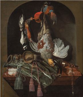 Still life of game with a partridge, falcon hoods, a kingfisher and songbirds, with a horn and a hunting bag on a marble ledge - Hendrik de Fromantiou
