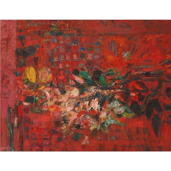 FLOWERS ON RED by John Houston, dated 1960