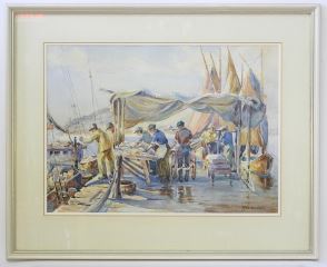 A watercolor scene of a bustling waterfront market with figures gathered under a large tent.