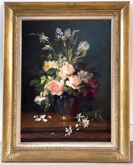 Vase of flowers on an entablature by Aurélie Léontine Malbet