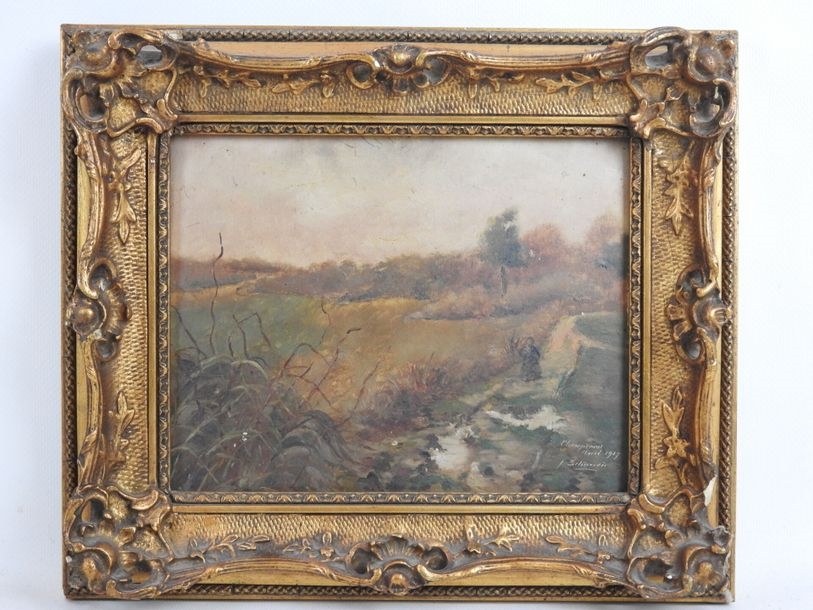 Artwork by J. Schneider, Views of Champrond, Made of oils on cardboard