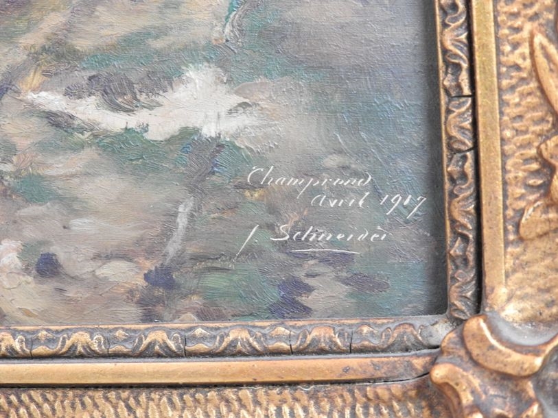 Artwork by J. Schneider, Views of Champrond, Made of oils on cardboard