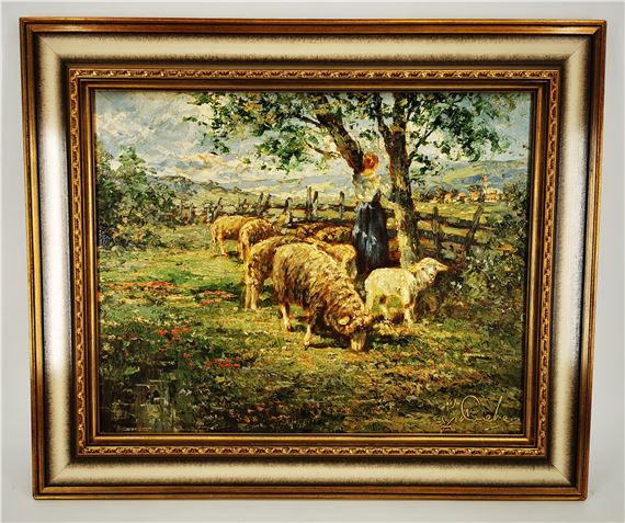 ‘’Summer Landscape with Shepherdess and Flock of Sheep‘’ by August Alexander Wendehals, 1934
