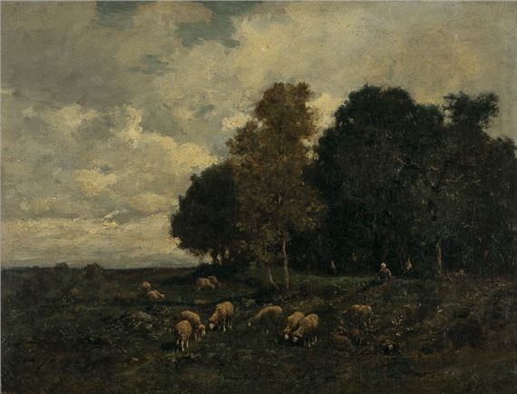 A pastoral landscape featuring grazing sheep under a dramatic sky.