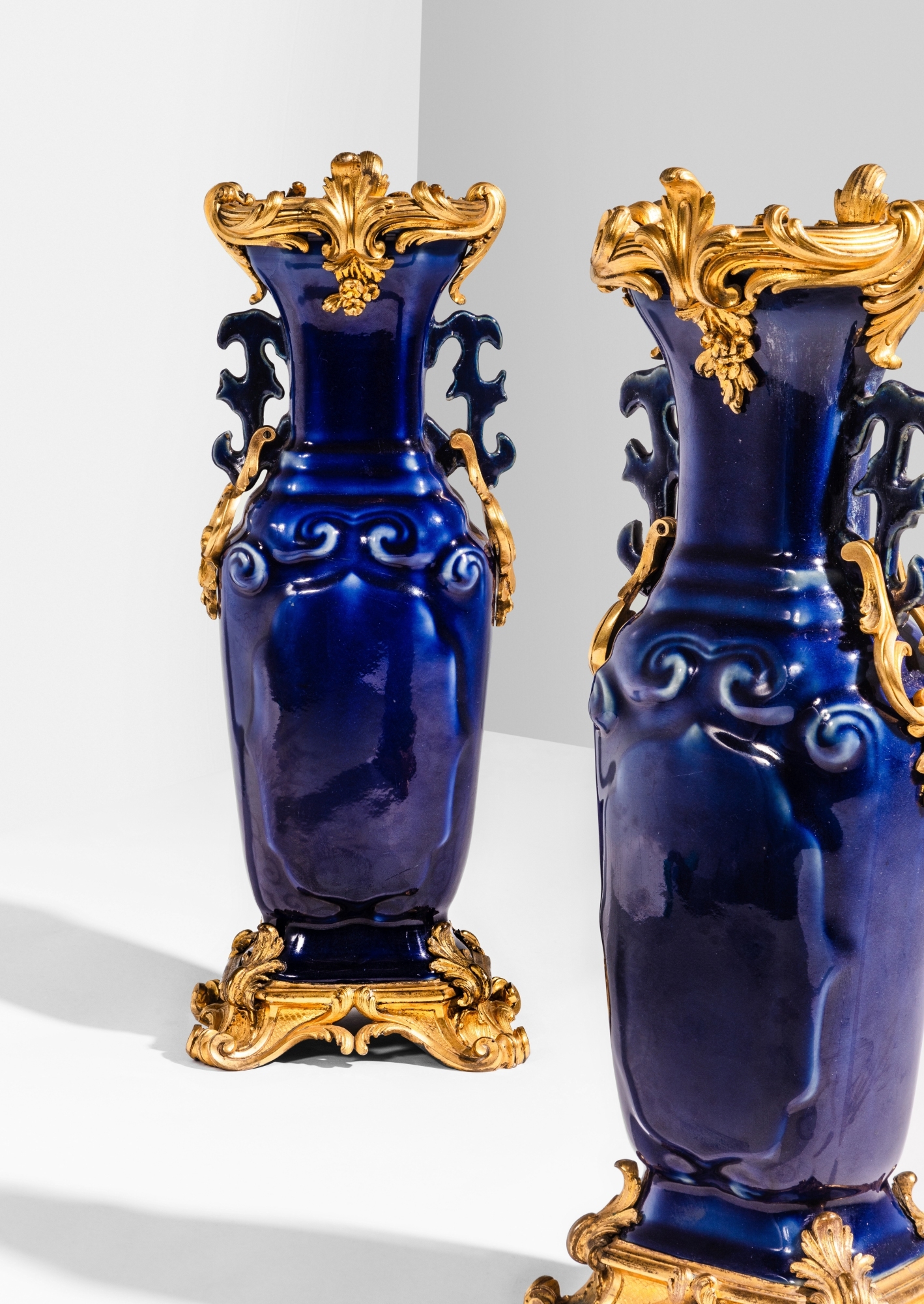 Artwork by Jean-Claude Chambellan Duplessis, A pair of Louis XV Chinese vases, Made of gilt-bronze mounted powder-blue chinese porcelain