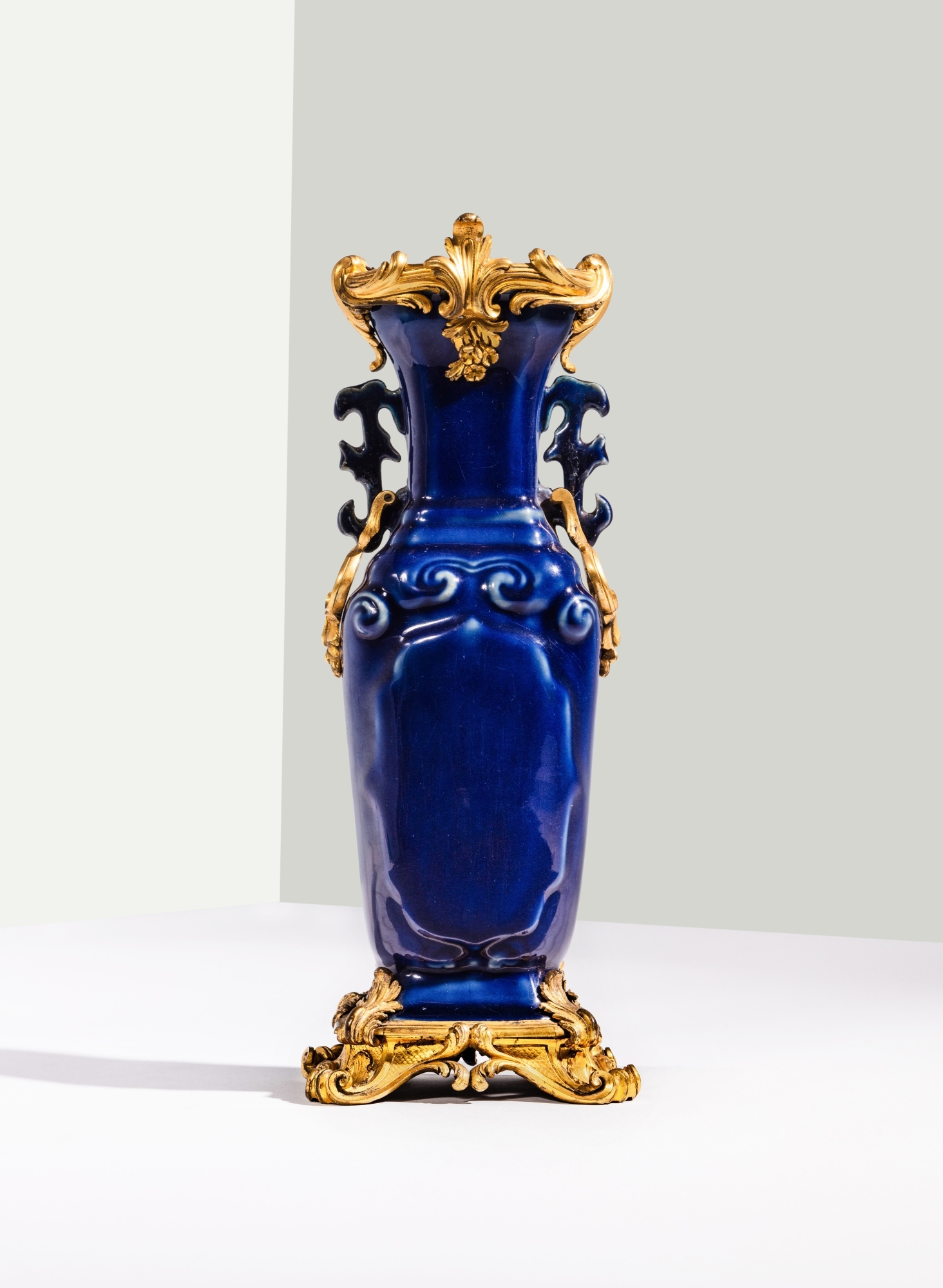 Artwork by Jean-Claude Chambellan Duplessis, A pair of Louis XV Chinese vases, Made of gilt-bronze mounted powder-blue chinese porcelain