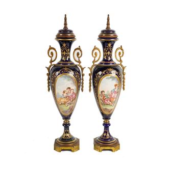 A Pair of Sevres-Style Gilt Metal-Mounted Urns - F. Roger