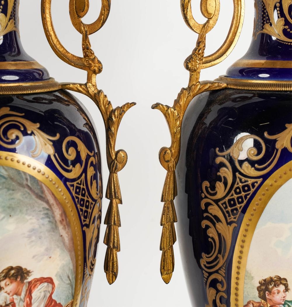 Artwork by F. Roger, A Pair of Sevres-Style Gilt Metal-Mounted Urns, Made of Gilt Metal