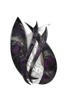 A sculptural composition of layered, organic forms in deep purple and metallic silver.