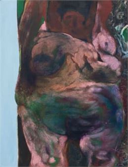 A visceral, close-up portrait of a figure in a state of intense physical and emotional turmoil.