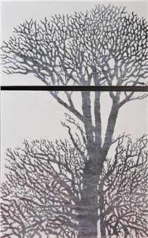 A split-panel artwork depicting a tree with intricate branches against a textured background.