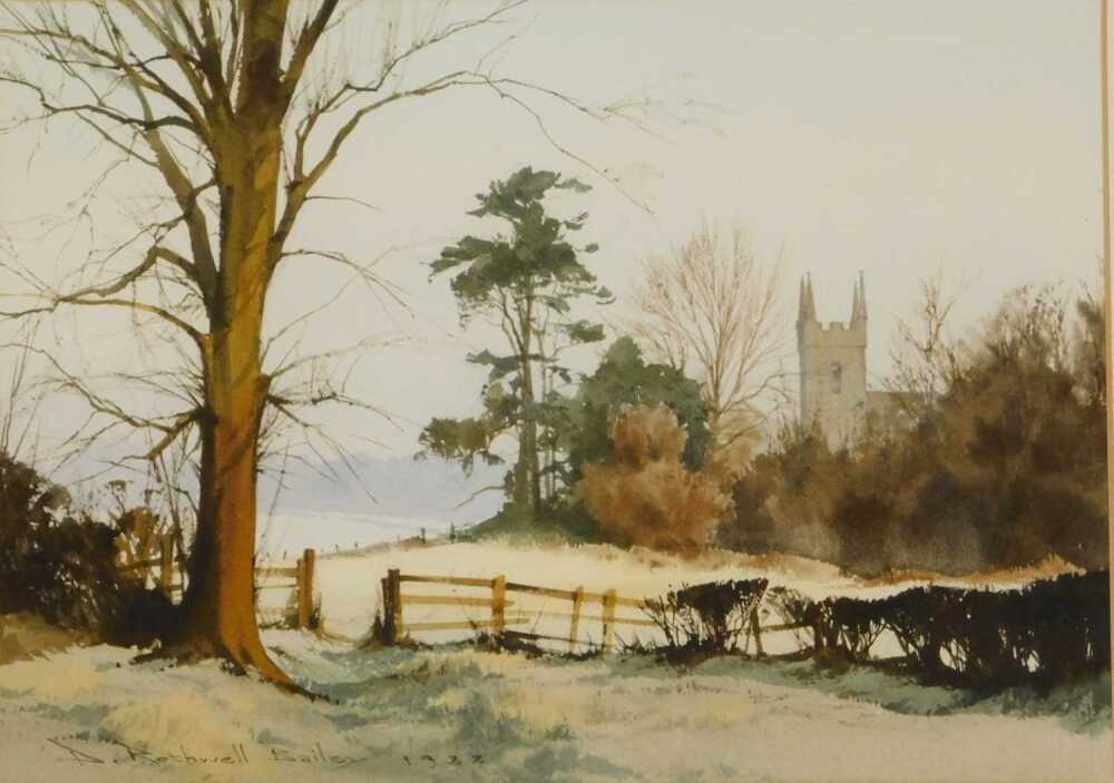 Artwork by Dennis Rothwell Bailey, D Rothwell Bailey. The Little Church Across the Meadow, Made of watercolour