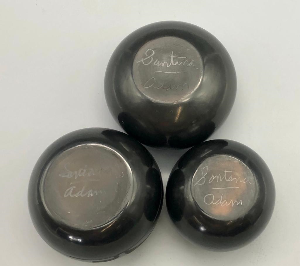 Artwork by Santana Roybal Martinez, Lot Of Three Adam And Santana Martinez San Ildefonso Pots, Made of black on black pottery