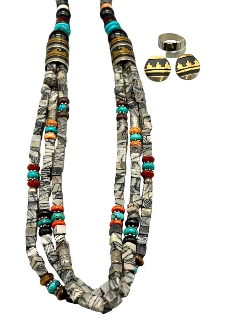 Artwork by Tommy Singer, Multi Stone And Sterling Silver Necklace, Ring And Earrings By Tommy Singer, Made of stone and sterling silver