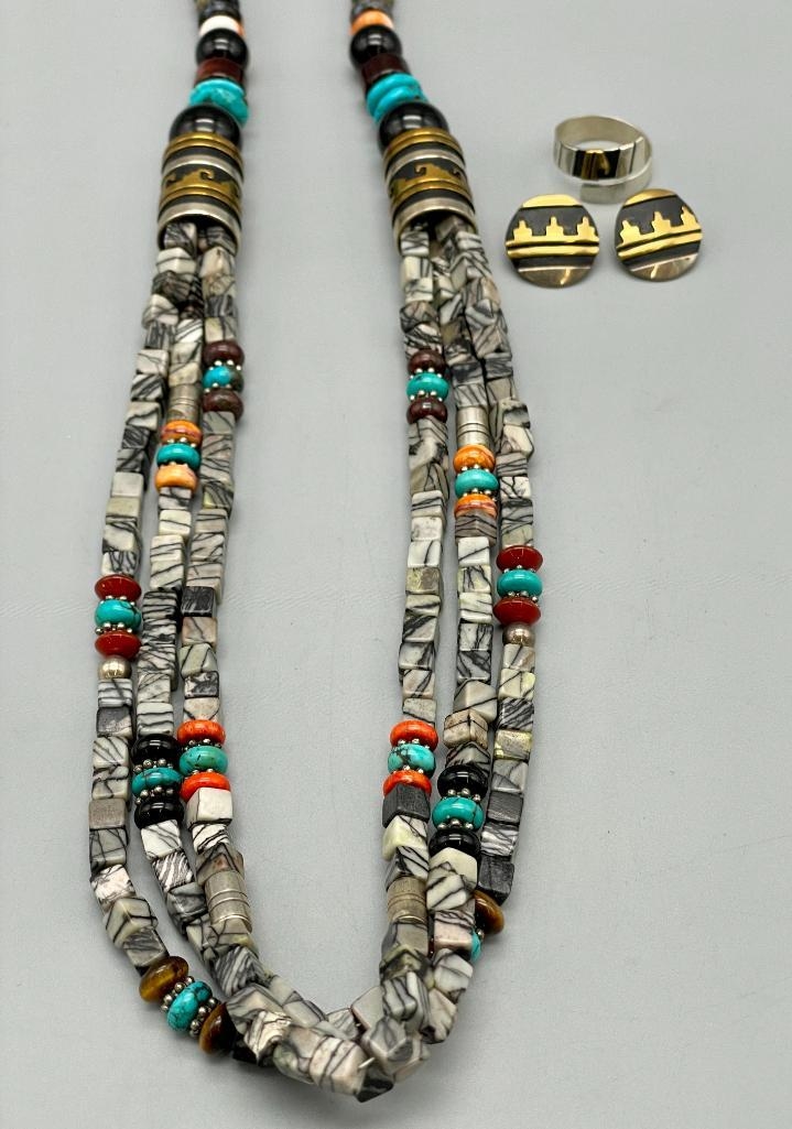 Artwork by Tommy Singer, Multi Stone And Sterling Silver Necklace, Ring And Earrings By Tommy Singer, Made of stone and sterling silver