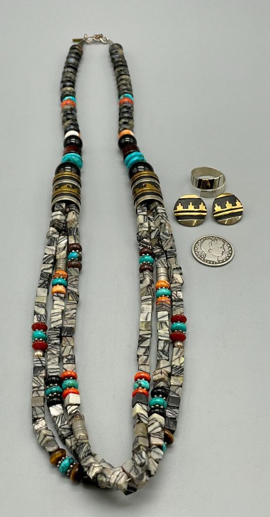 Artwork by Tommy Singer, Multi Stone And Sterling Silver Necklace, Ring And Earrings By Tommy Singer, Made of stone and sterling silver