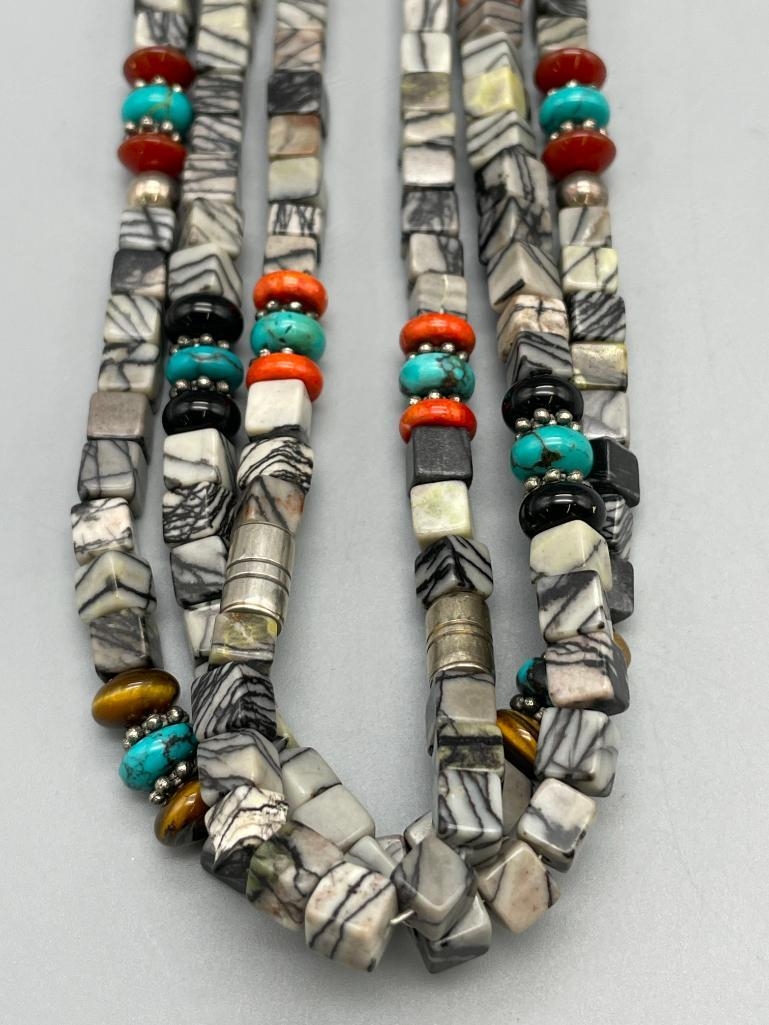 Artwork by Tommy Singer, Multi Stone And Sterling Silver Necklace, Ring And Earrings By Tommy Singer, Made of stone and sterling silver