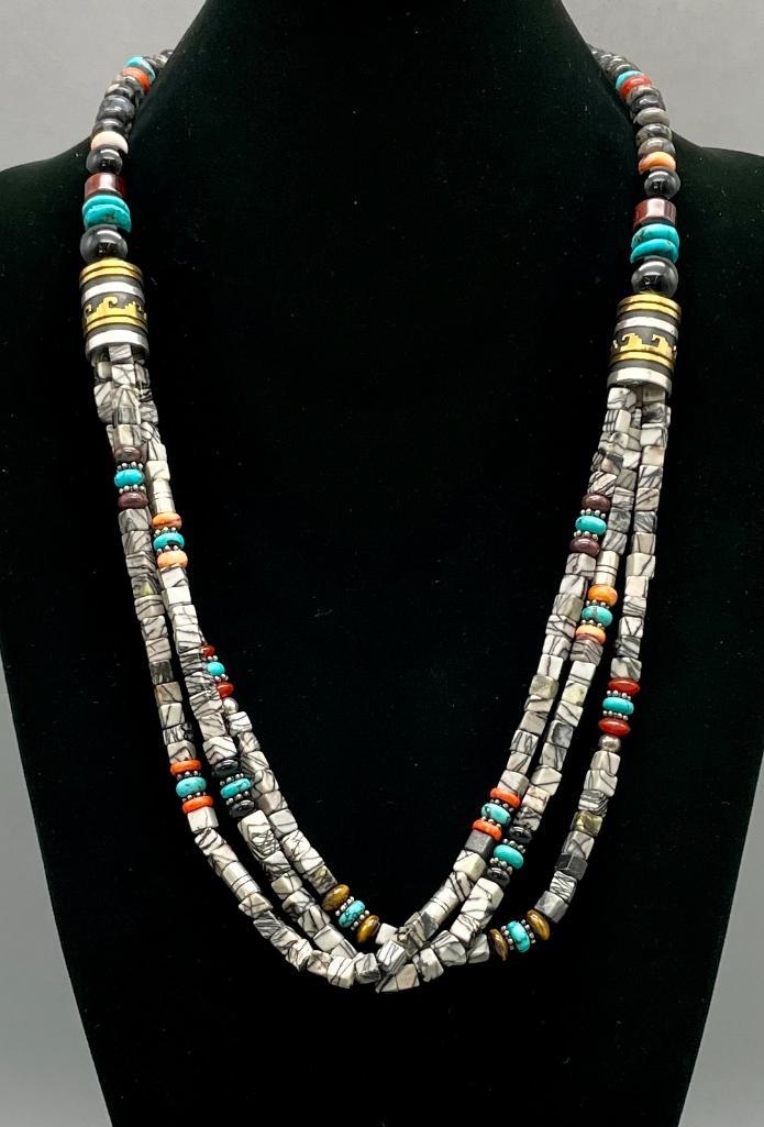 Artwork by Tommy Singer, Multi Stone And Sterling Silver Necklace, Ring And Earrings By Tommy Singer, Made of stone and sterling silver