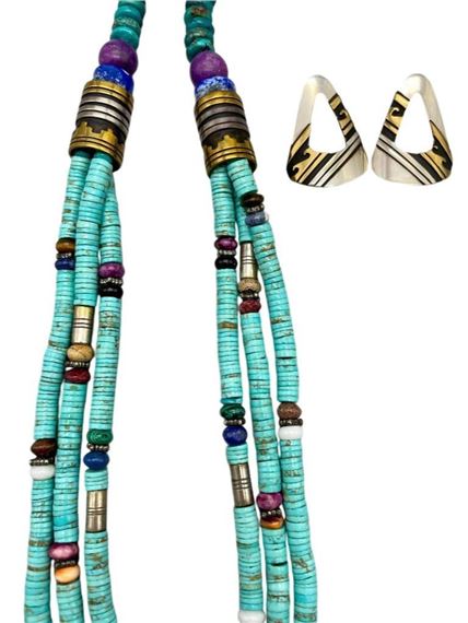 Multi Stone Three Strand Necklace With Earrings By Tommy Singer by Tommy Singer, 1960s