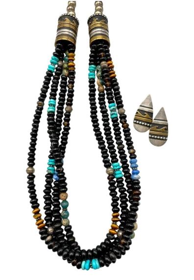 Four Strand Onyx, Turquoise, Lapis And Sterling Silver Necklace By Tommy Singer by Tommy Singer, 1960s