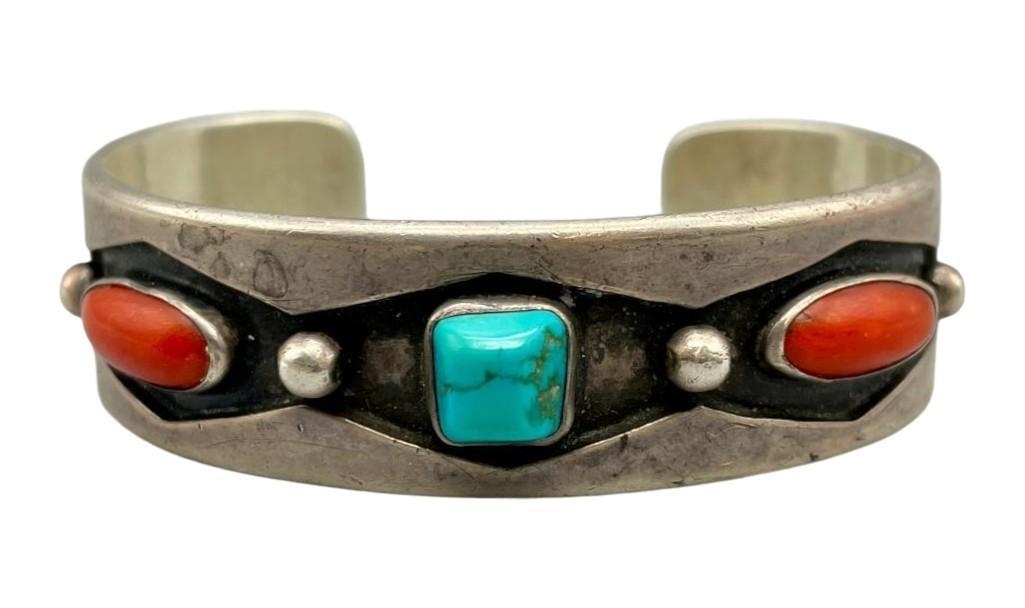 Artwork by Tommy Singer, Vintage Tommy Singer Turquoise And Coral Bracelet, Made of sterling silver