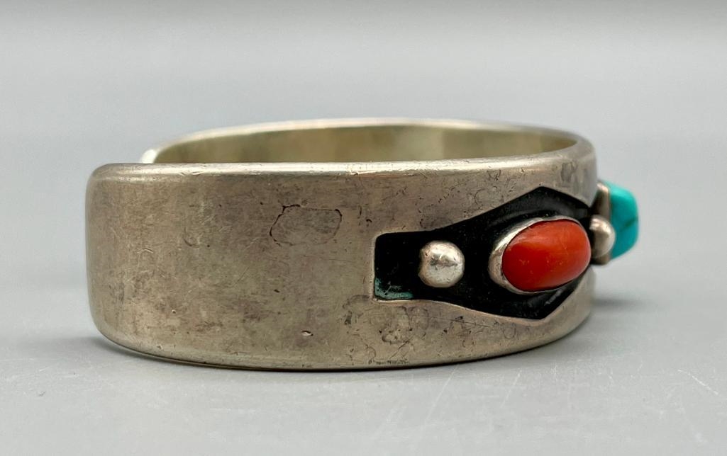 Artwork by Tommy Singer, Vintage Tommy Singer Turquoise And Coral Bracelet, Made of sterling silver