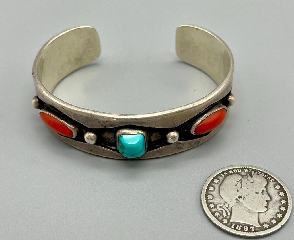 Artwork by Tommy Singer, Vintage Tommy Singer Turquoise And Coral Bracelet, Made of sterling silver