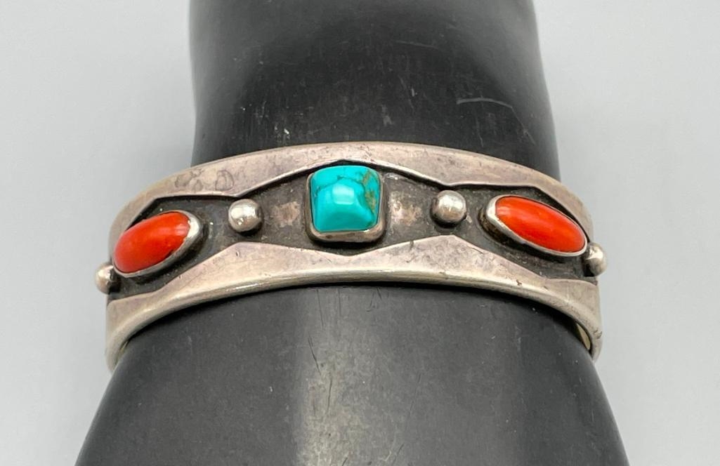 Artwork by Tommy Singer, Vintage Tommy Singer Turquoise And Coral Bracelet, Made of sterling silver