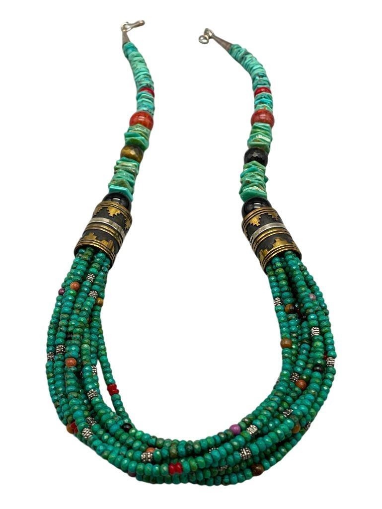 Artwork by Tommy Singer, Multi Stone And Multi Strand Tommy Singer Necklace, Made of turquoise, onyx