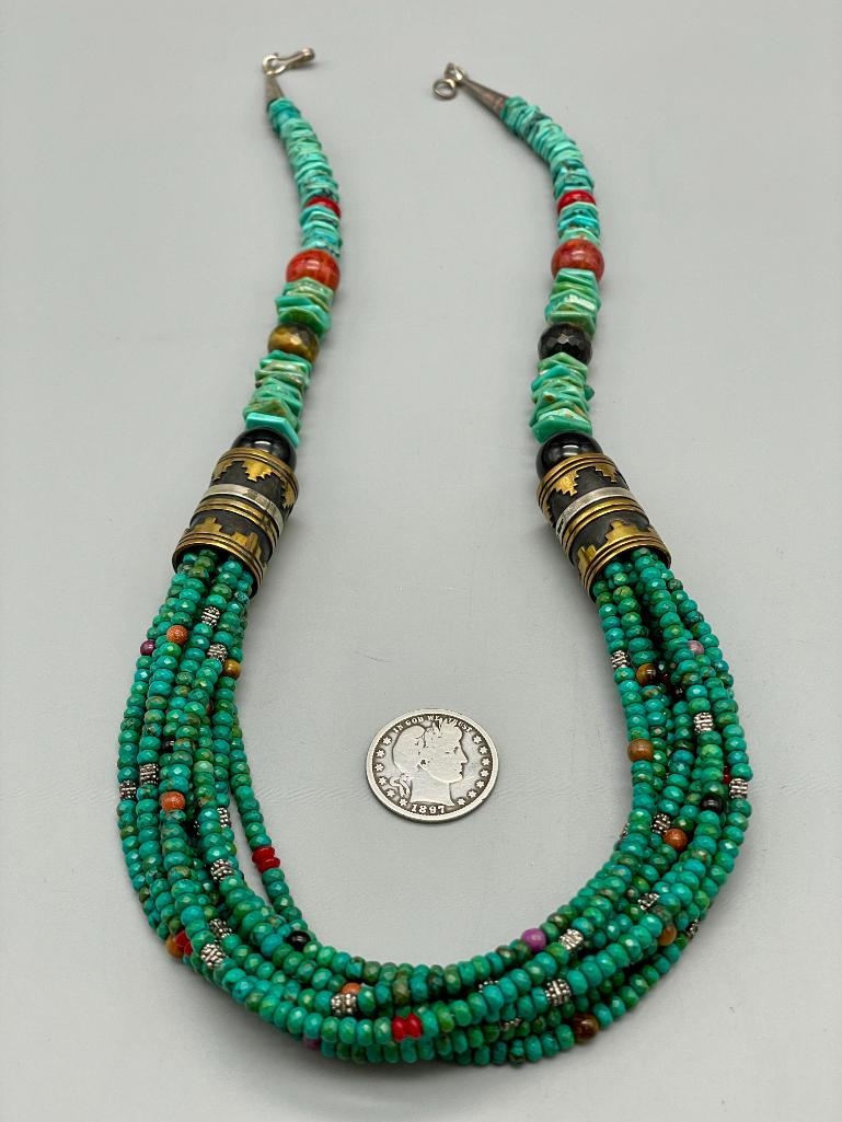 Artwork by Tommy Singer, Multi Stone And Multi Strand Tommy Singer Necklace, Made of turquoise, onyx