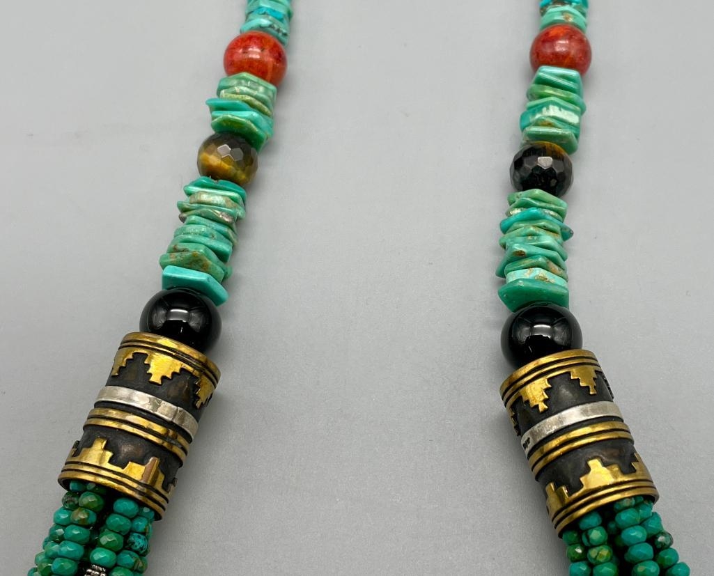 Artwork by Tommy Singer, Multi Stone And Multi Strand Tommy Singer Necklace, Made of turquoise, onyx