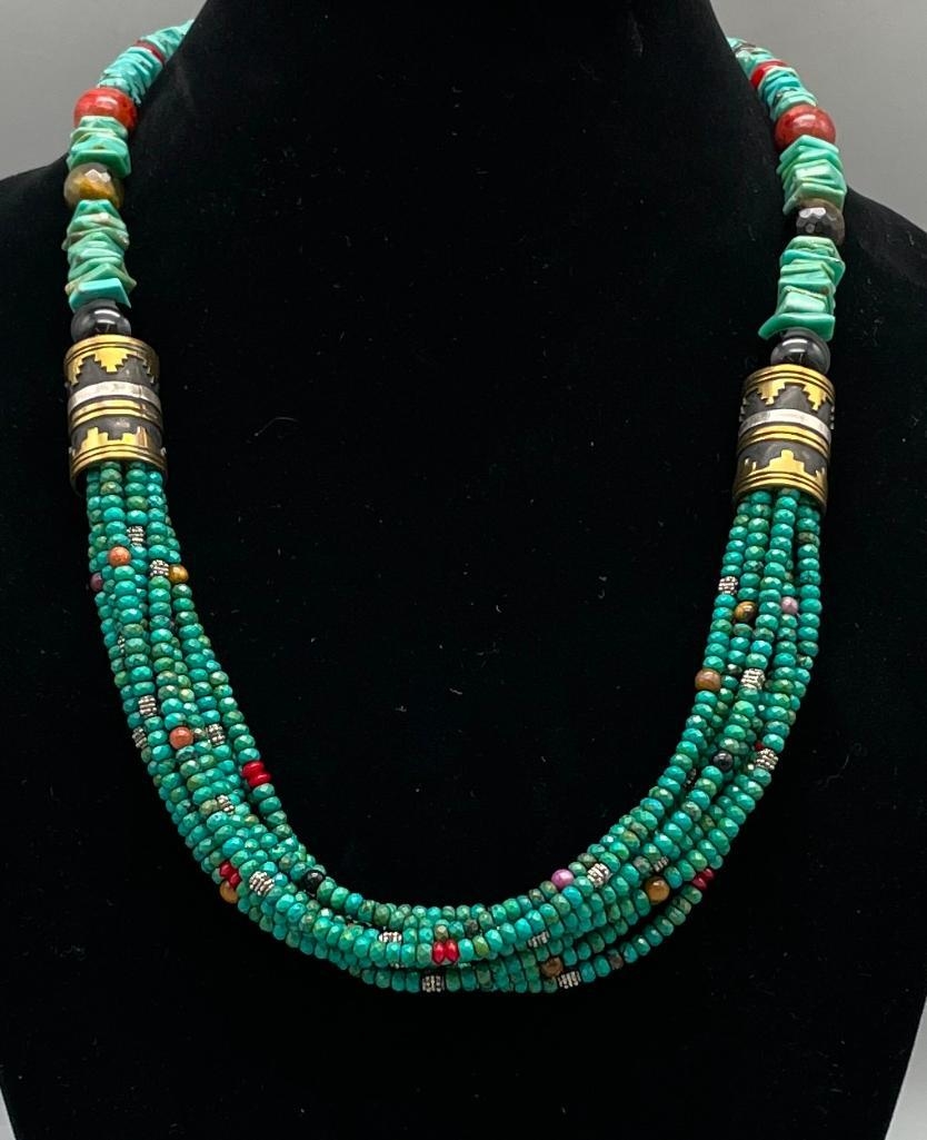Artwork by Tommy Singer, Multi Stone And Multi Strand Tommy Singer Necklace, Made of turquoise, onyx