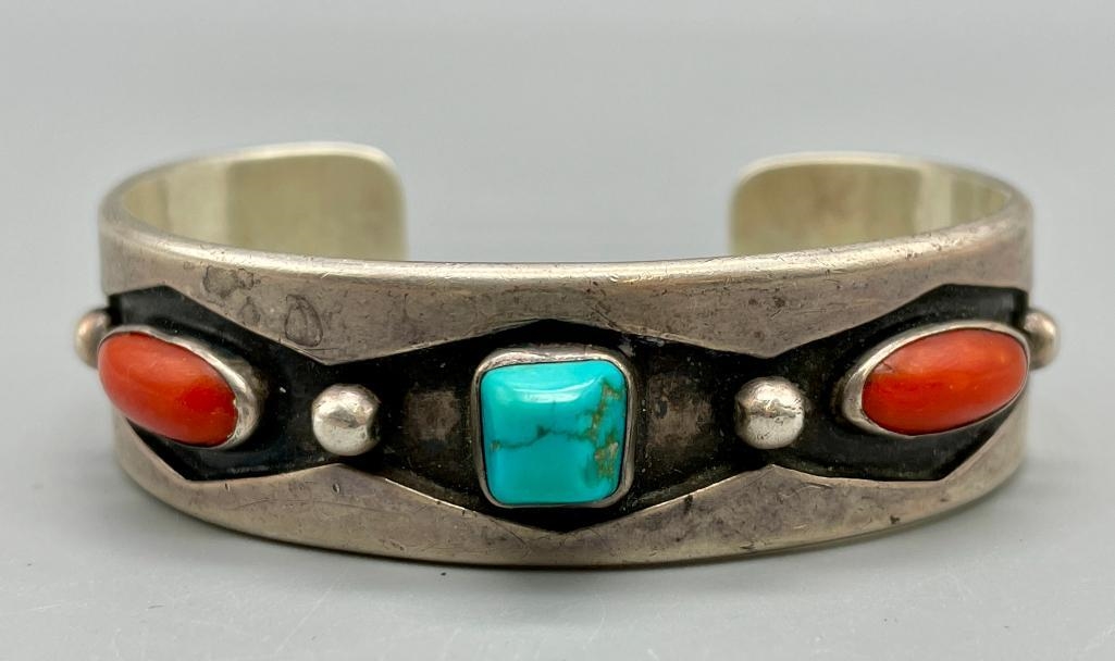 Artwork by Tommy Singer, Vintage Tommy Singer Turquoise And Coral Bracelet, Made of sterling silver