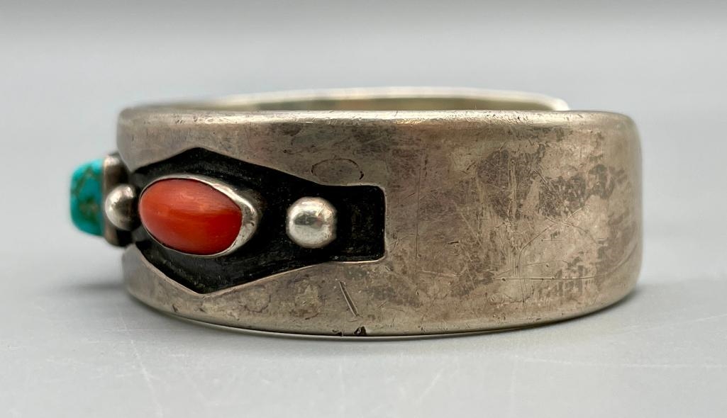 Artwork by Tommy Singer, Vintage Tommy Singer Turquoise And Coral Bracelet, Made of sterling silver