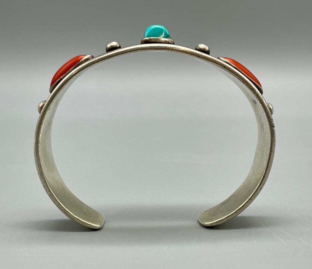 Artwork by Tommy Singer, Vintage Tommy Singer Turquoise And Coral Bracelet, Made of sterling silver