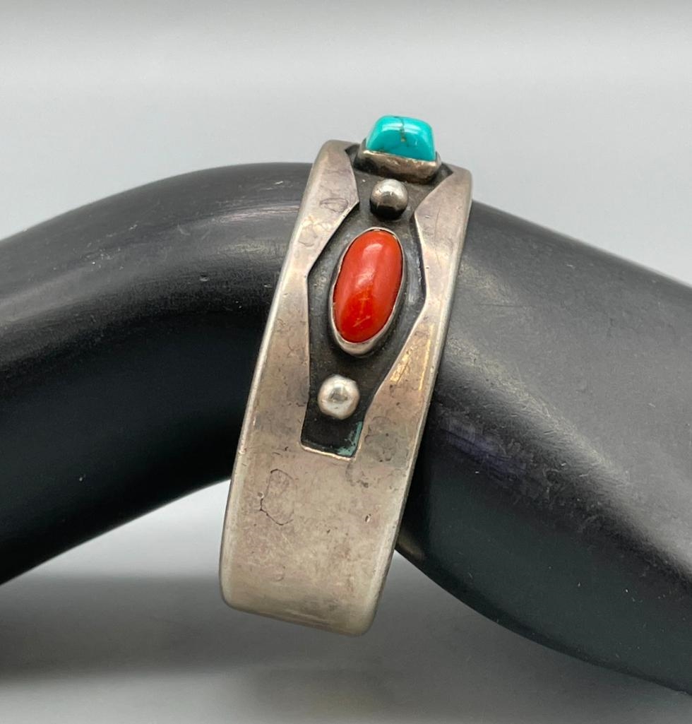 Artwork by Tommy Singer, Vintage Tommy Singer Turquoise And Coral Bracelet, Made of sterling silver